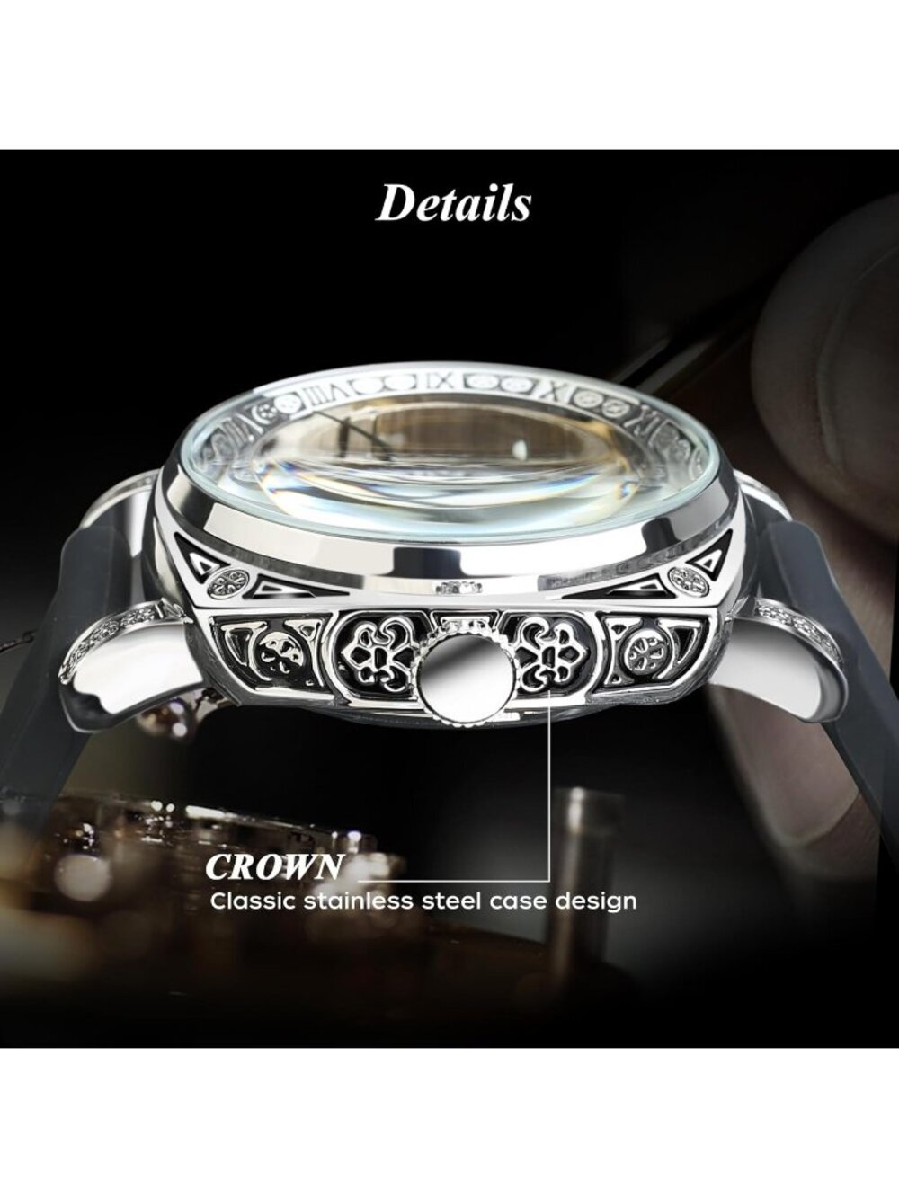 Men's Black Square Mechanical Rubber Buckle Self-Wind Carved Automatic Watch - Picture 3 of 6